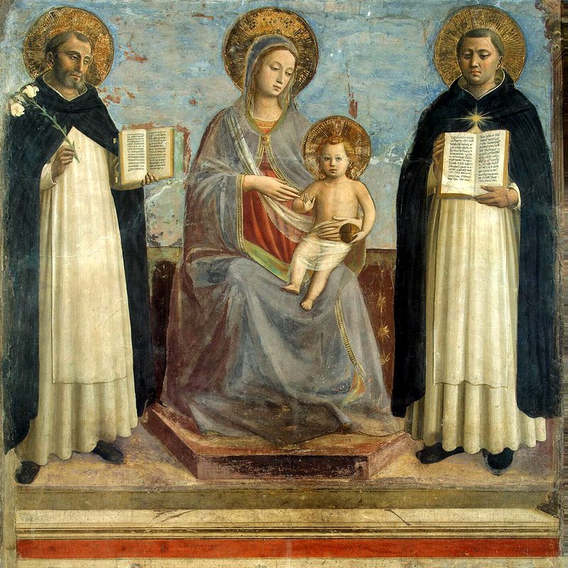 Fresco. c. 1425. State Hermitage Museum The Virgin and the Child with Sts. Dominic and Thomas Aquinas by Fra Angelico at the Hermitage in St. Petersburg, Russia