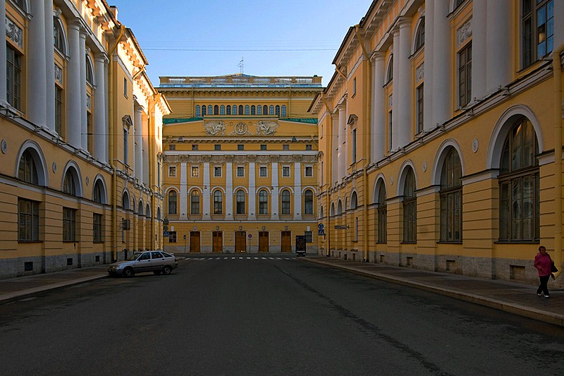 Alexandrinsky Theatre and the Vaganova Ballet School (right) on Ulitsa Zodchego Rossi, built by Carlo Rossi in St Petersburg, Russia