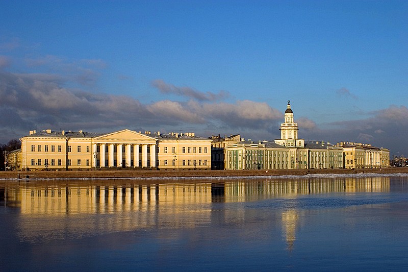 University Embankment with the Zoological Museum, Kunstkammer and former Academy of Sciences Building in St Petersburg, Russia